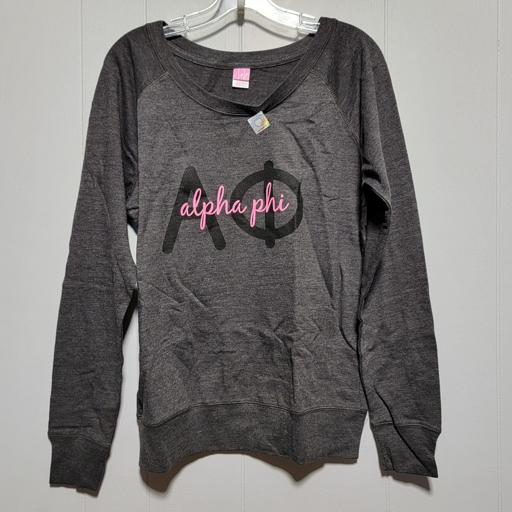 LAT Alpha Phi Sorority Raglan Sweatshirt Gray Pink Greek Letters Ladies L